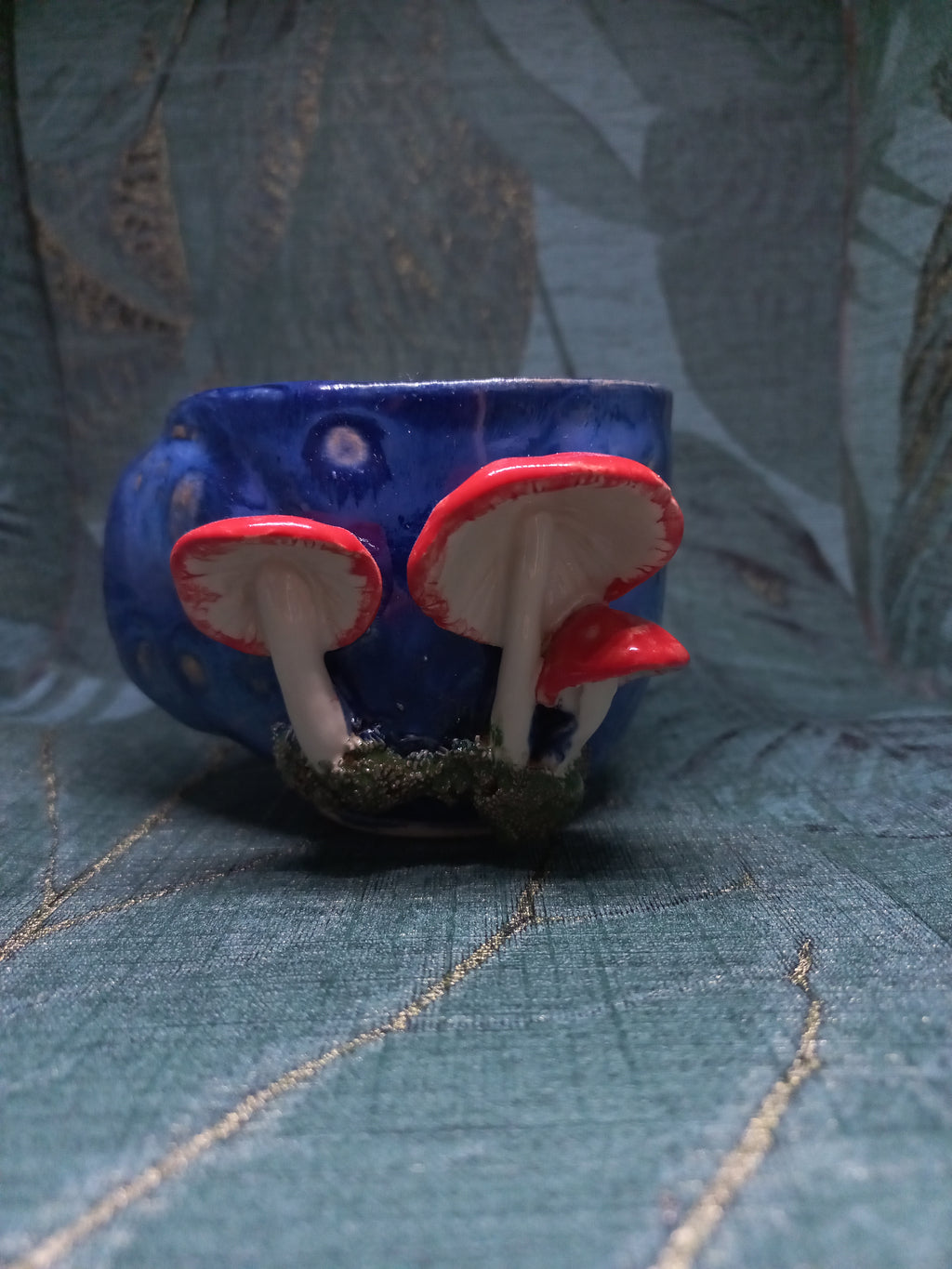 Handmade Ceramic Mushroom Cup – Red Mushroom Detail, Dark Blue Glaze