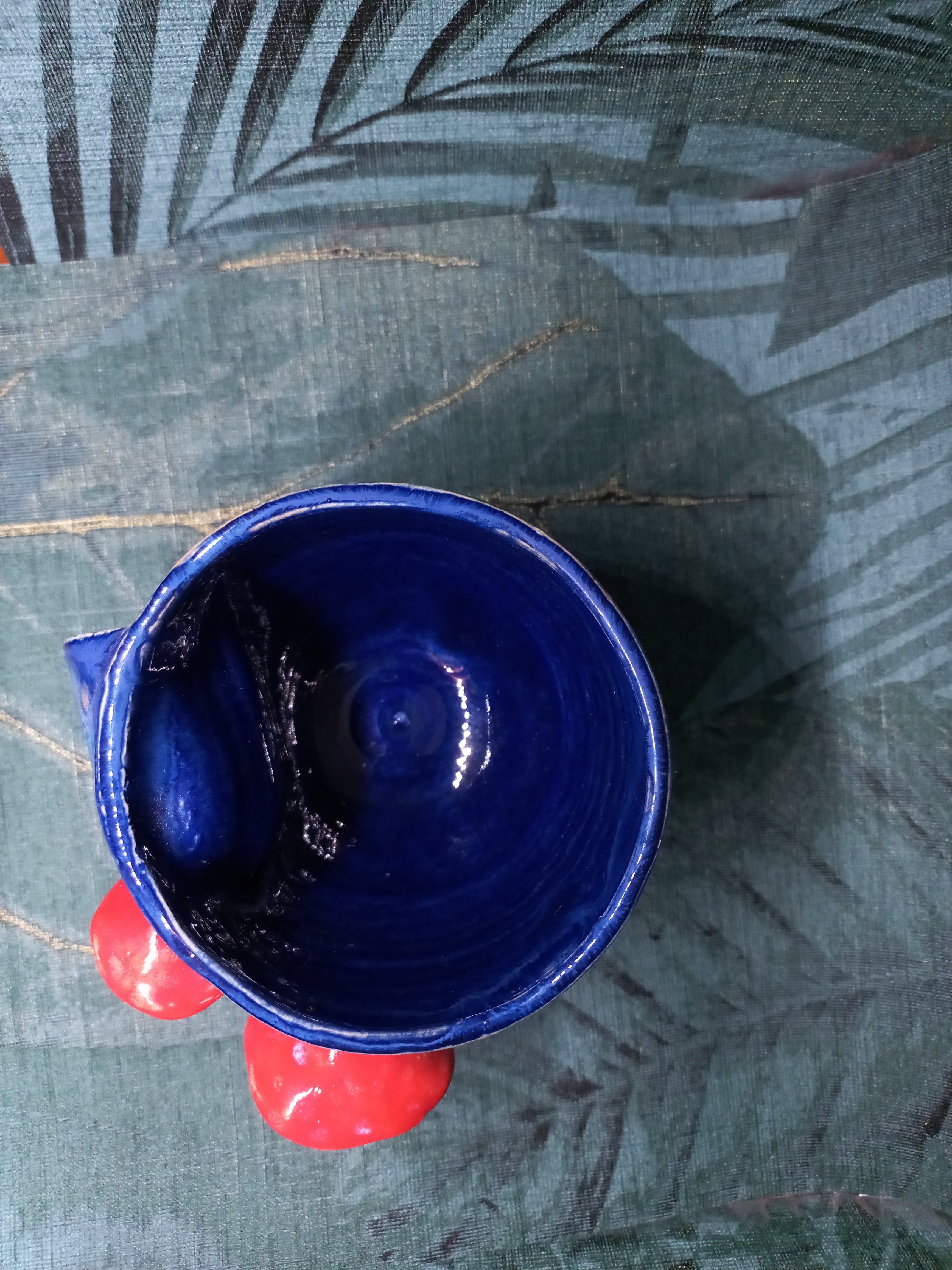 Handmade Ceramic Mushroom Cup – Red Mushroom Detail, Dark Blue Glaze