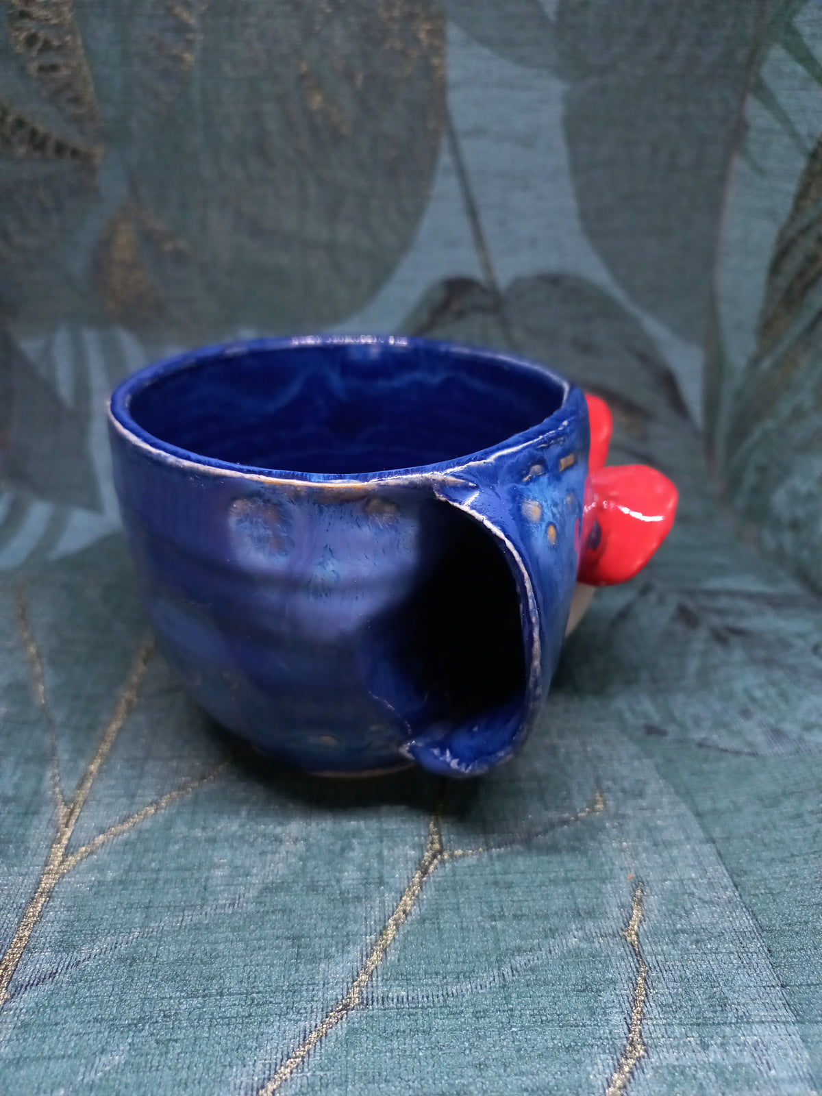 Handmade Ceramic Mushroom Cup – Red Mushroom Detail, Dark Blue Glaze