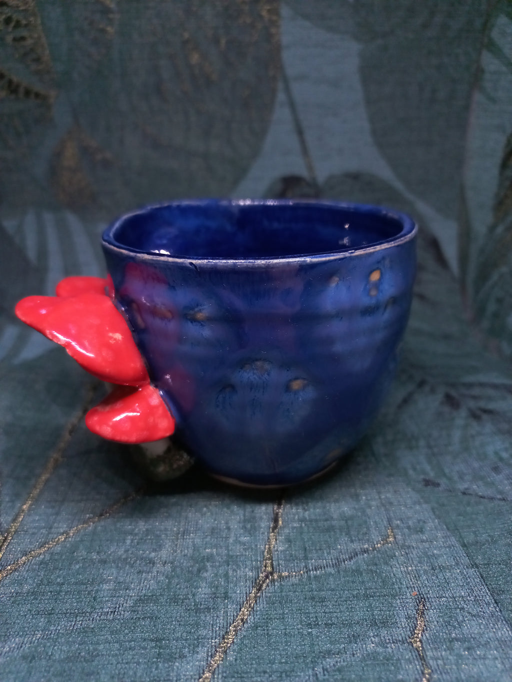 Handmade Ceramic Mushroom Cup – Red Mushroom Detail, Dark Blue Glaze