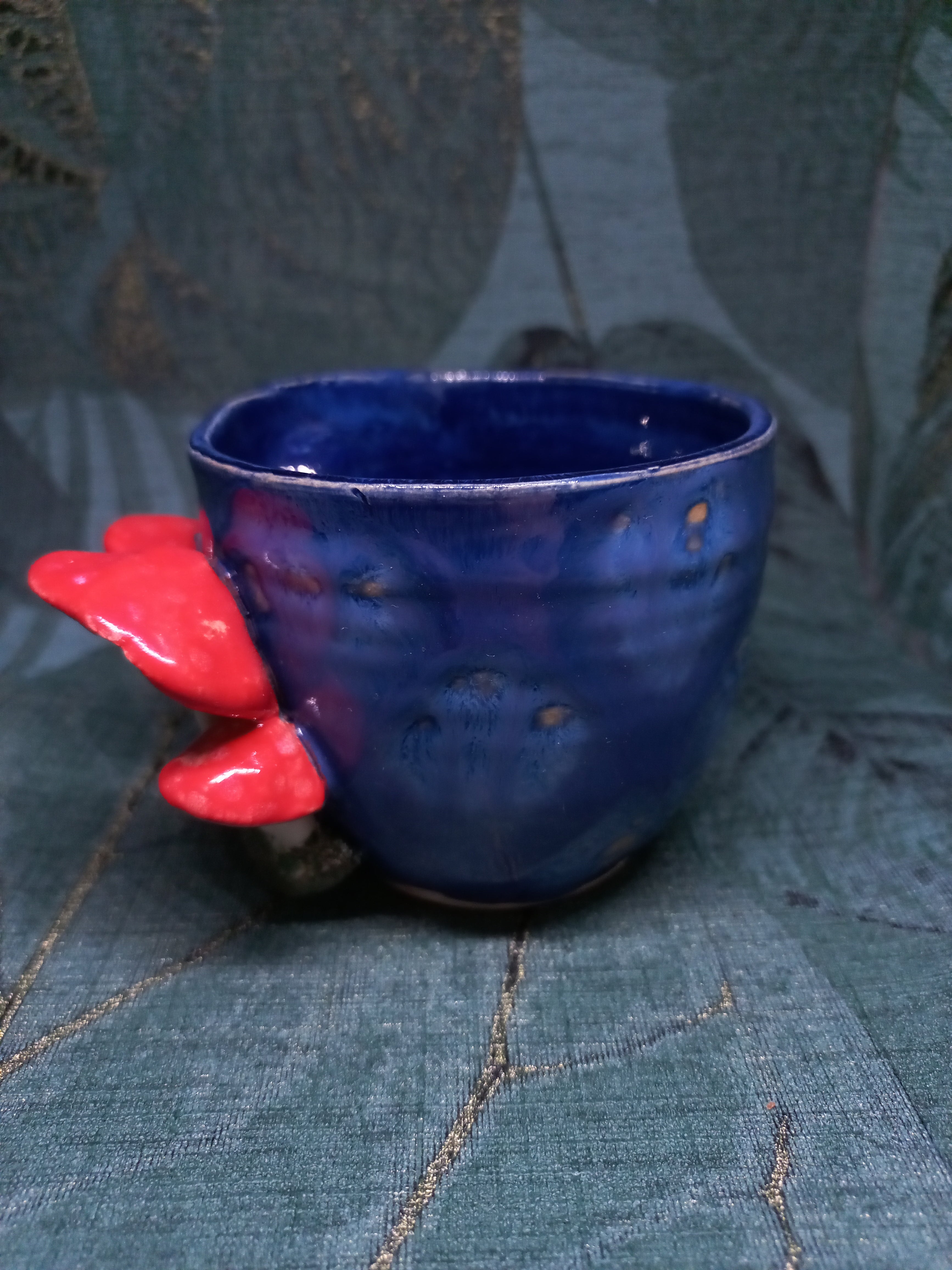 Handmade Ceramic Mushroom Cup – Red Mushroom Detail, Dark Blue Glaze