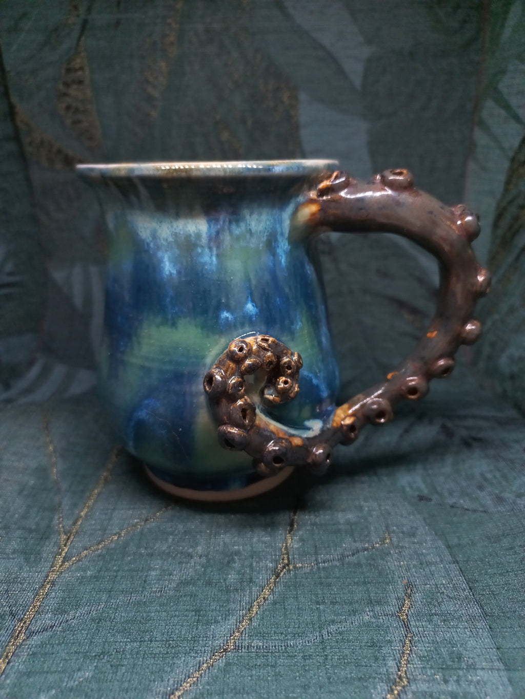 Handmade Ceramic Mug – Sculptural Tentacle Handle, Blue Glaze