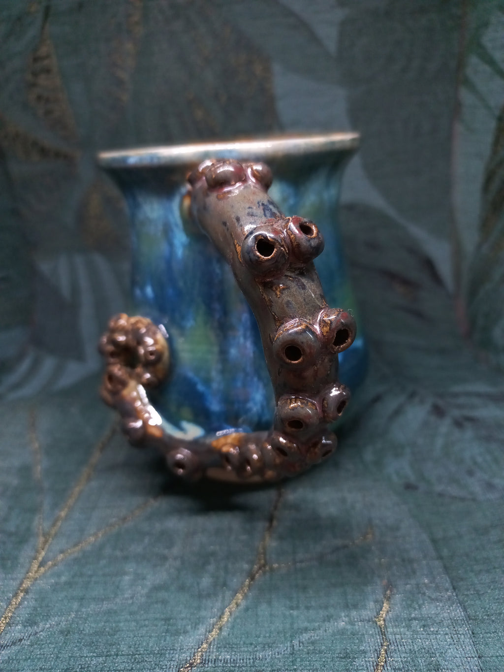 Handmade Ceramic Mug – Sculptural Tentacle Handle, Blue Glaze