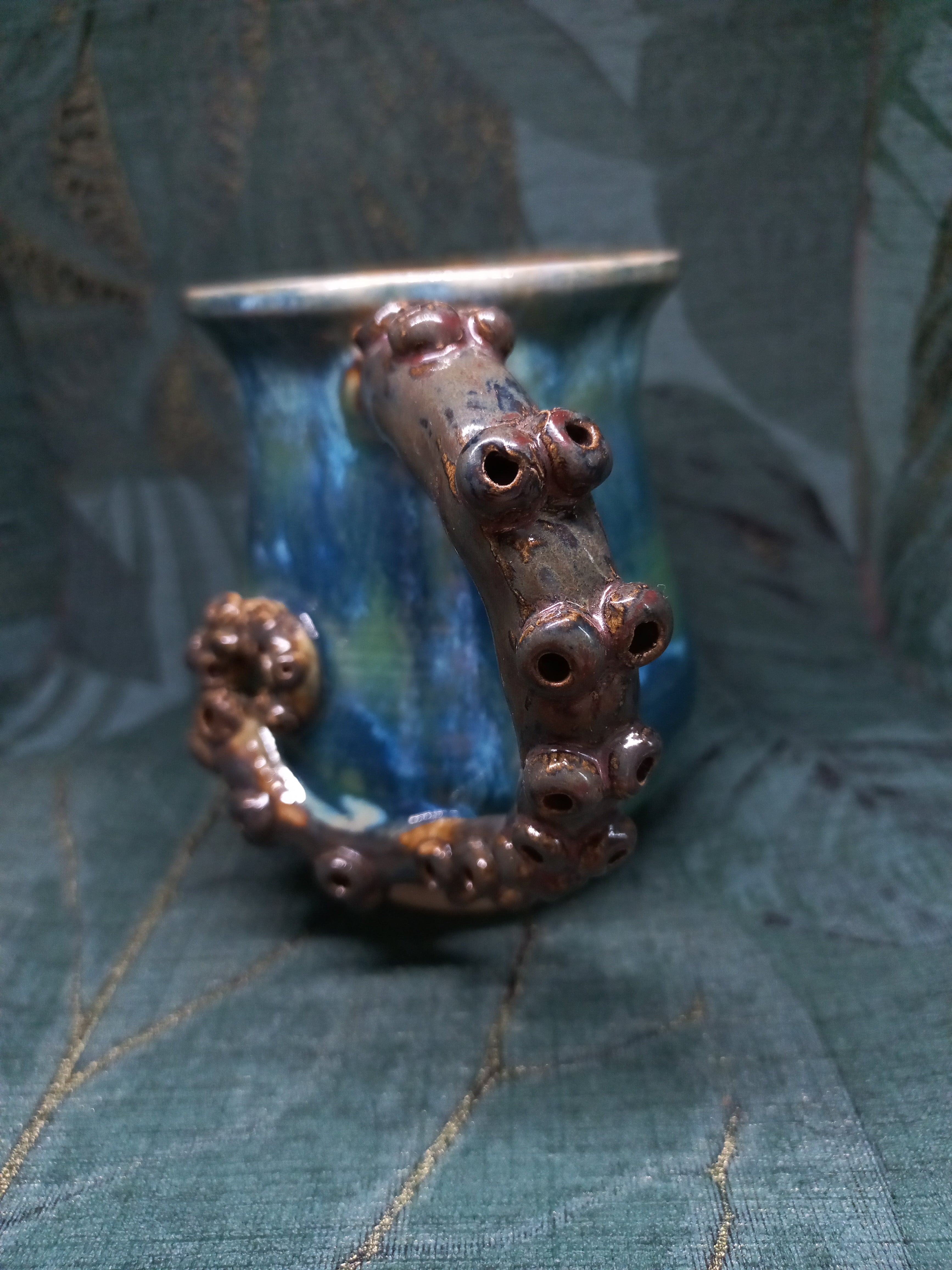 Handmade Ceramic Mug – Sculptural Tentacle Handle, Blue Glaze