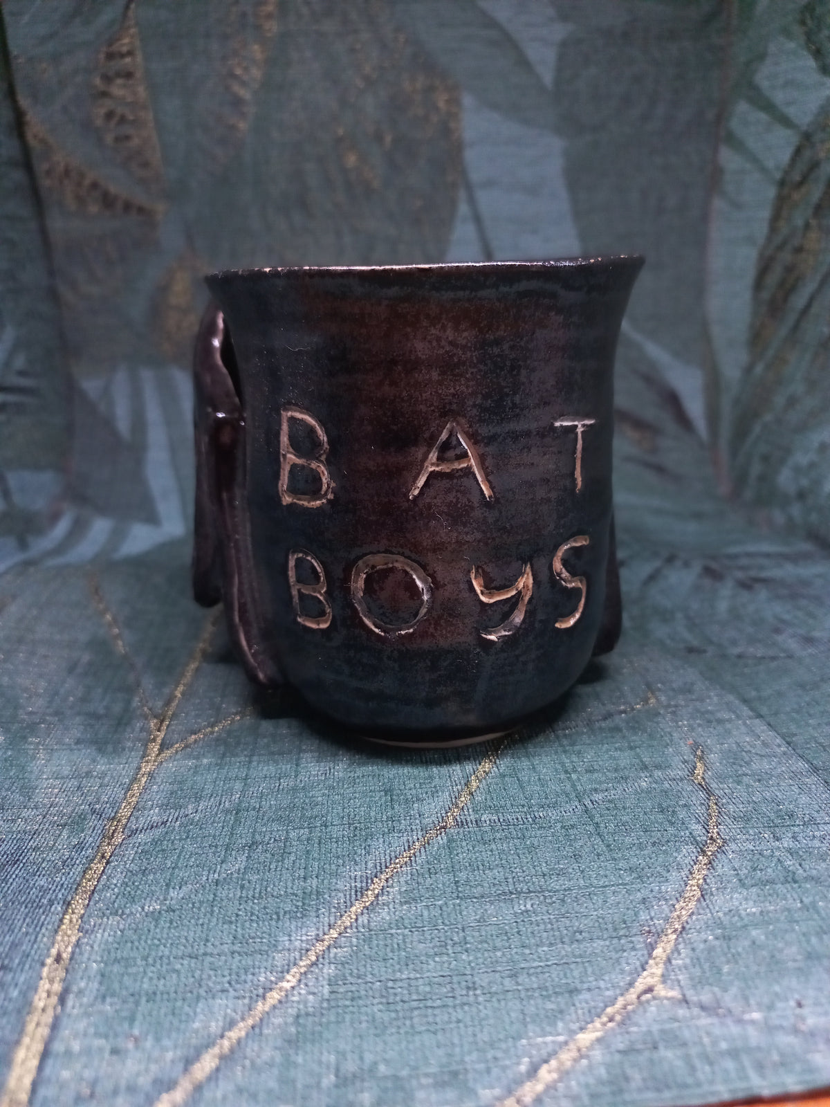 Handmade Ceramic ACOTAR Mug – Bat Wing Handles, Black Glaze