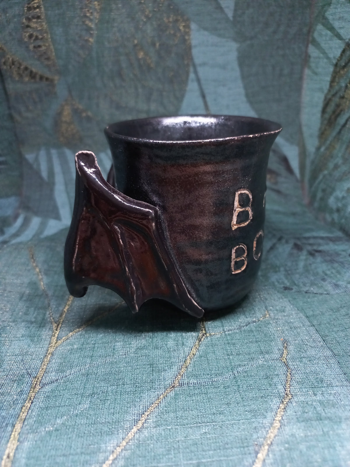 Handmade Ceramic ACOTAR Mug – Bat Wing Handles, Black Glaze