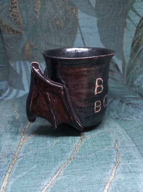 Handmade Ceramic ACOTAR Mug – Bat Wing Handles, Black Glaze