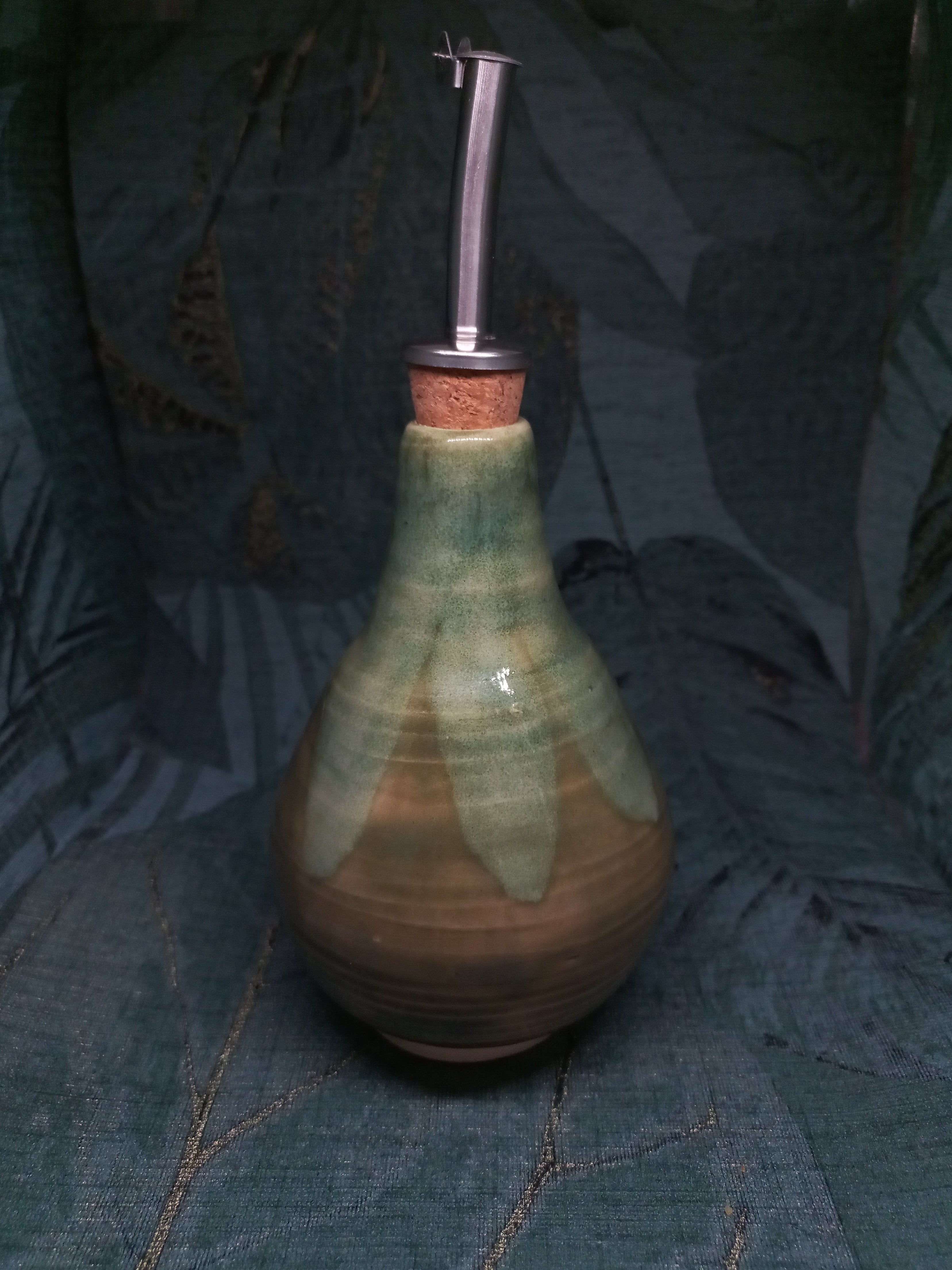 Handmade Ceramic Olive Oil Bottle with Pouring Spout – Green Glaze