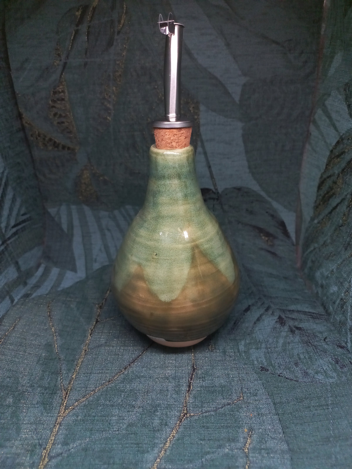 Handmade Ceramic Olive Oil Bottle with Pouring Spout – Green Glaze