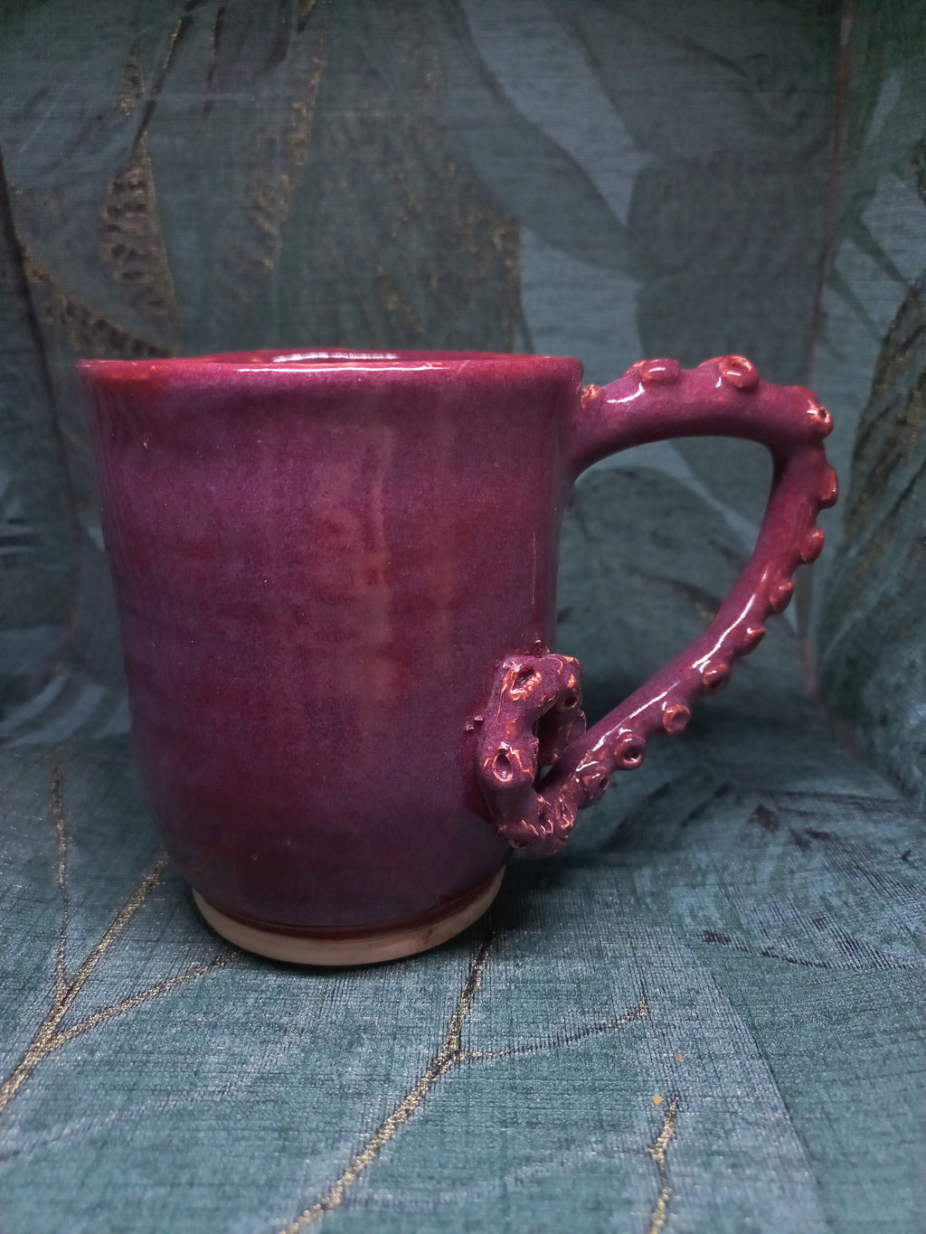 Handmade Ceramic Mug – Sculptural Tentacle Handle, Purple Glaze