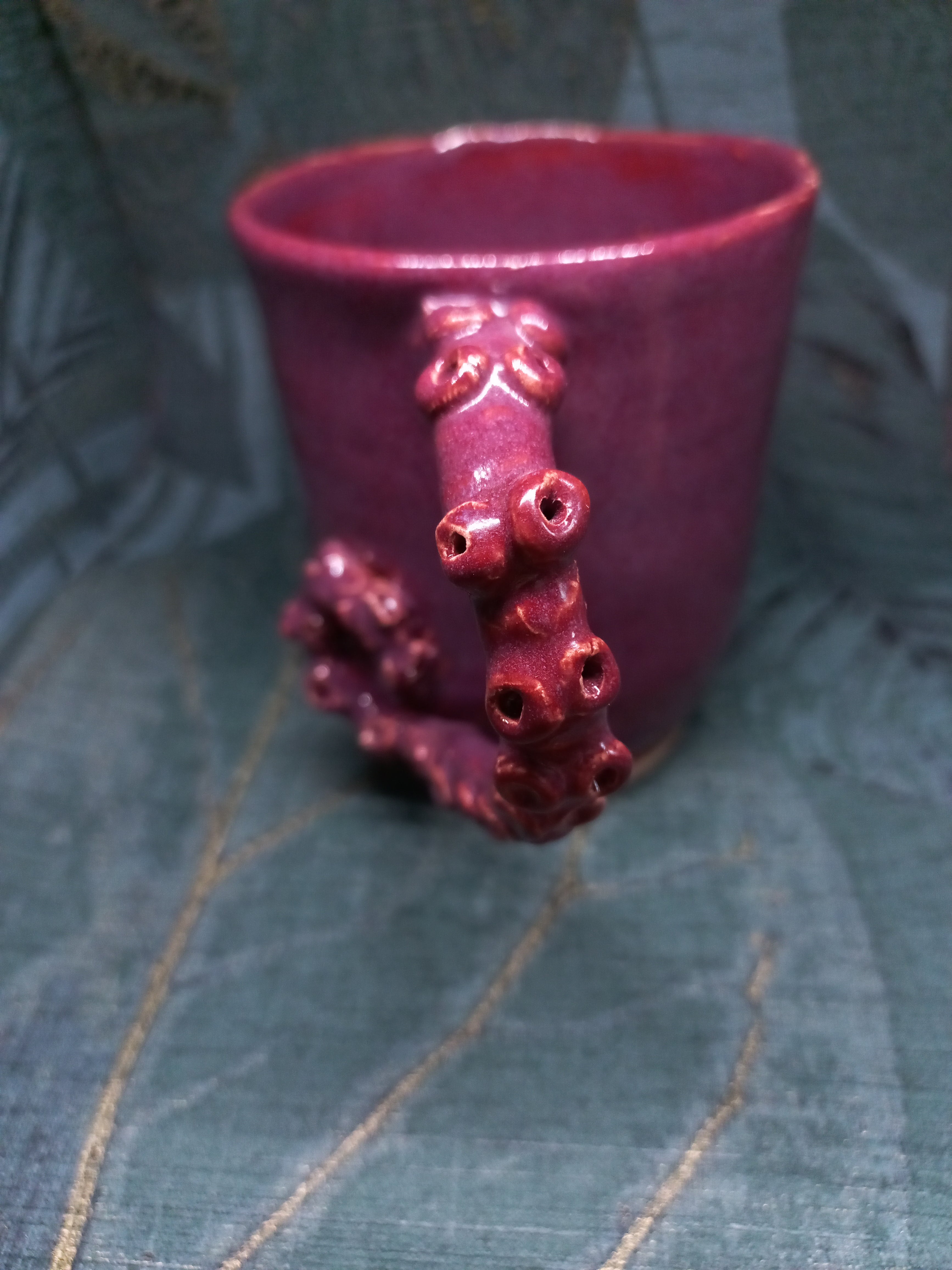 Handmade Ceramic Mug – Sculptural Tentacle Handle, Purple Glaze