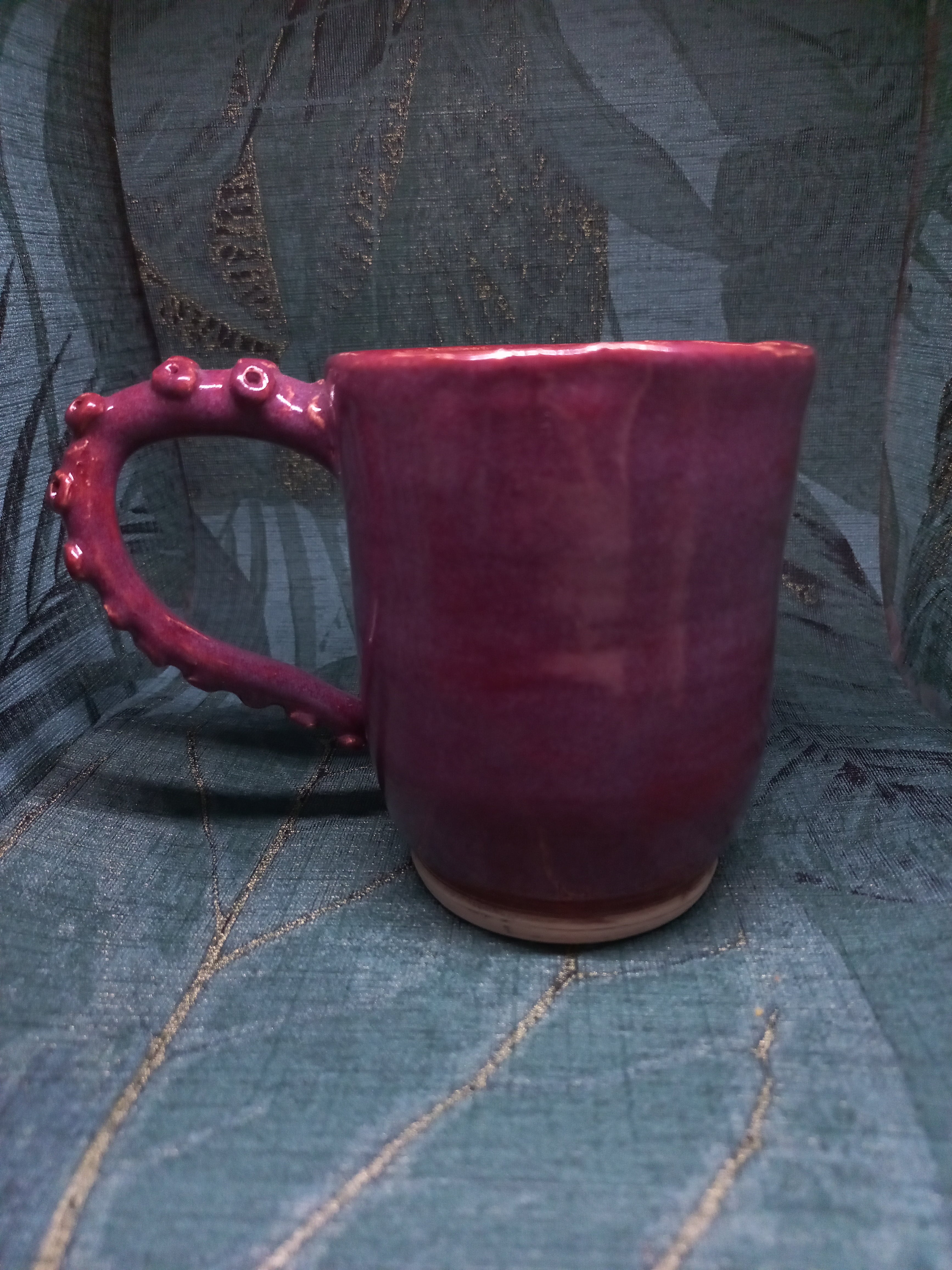 Handmade Ceramic Mug – Sculptural Tentacle Handle, Purple Glaze
