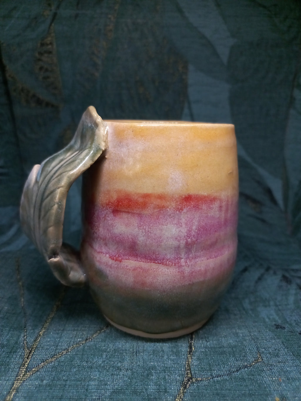 Handmade Ceramic Mug – Sculptural Feather Handle, Tri-Color Glaze