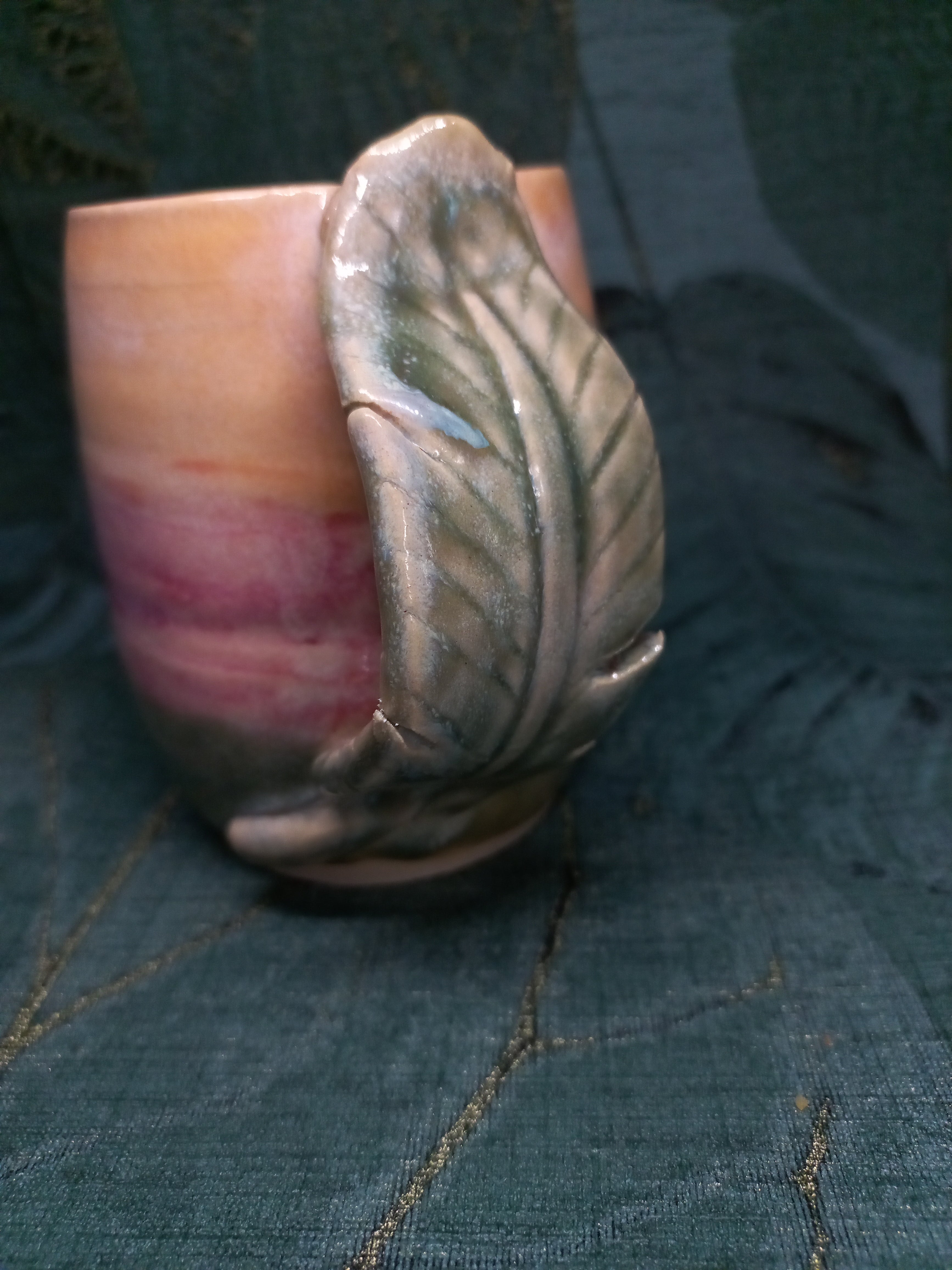 Handmade Ceramic Mug – Sculptural Feather Handle, Tri-Color Glaze