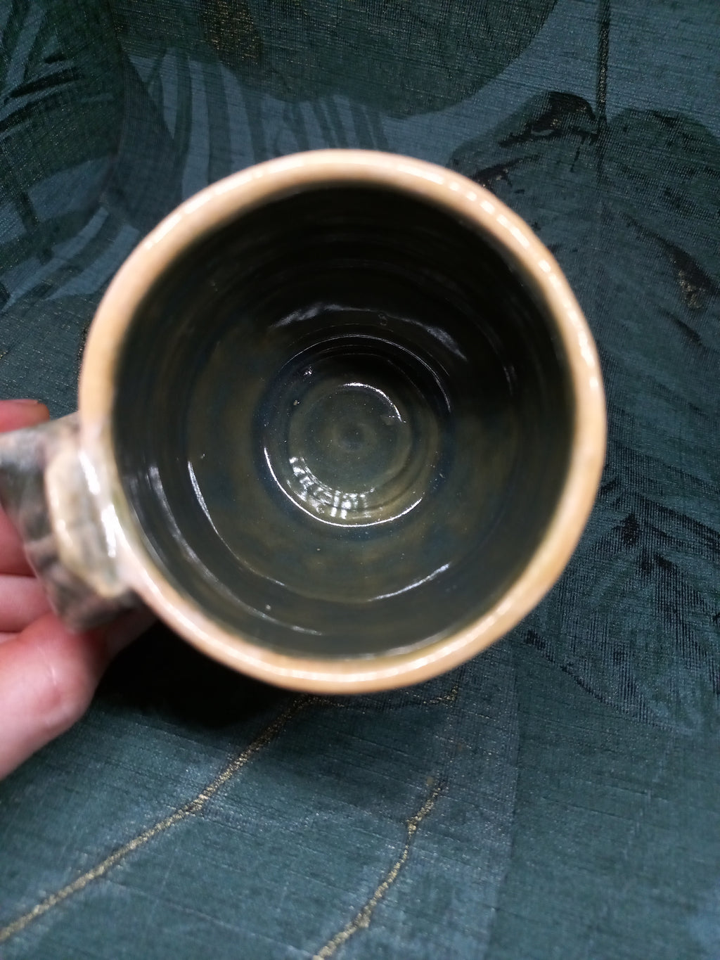 Handmade Ceramic Mug – Sculptural Feather Handle, Tri-Color Glaze