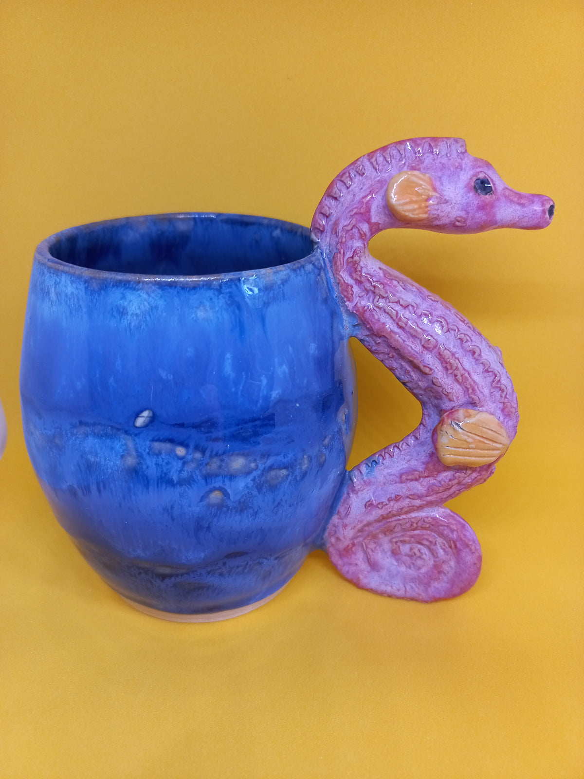 Handmade Ceramic Seahorse Mug – Sculptural Handle, Dark Blue Glaze