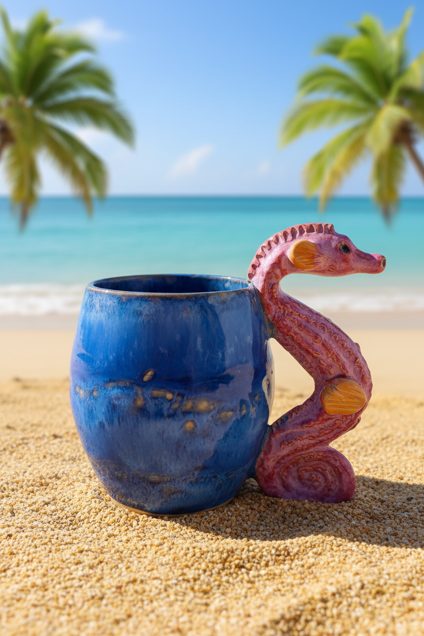 Handmade Ceramic Seahorse Mug – Sculptural Handle, Dark Blue Glaze