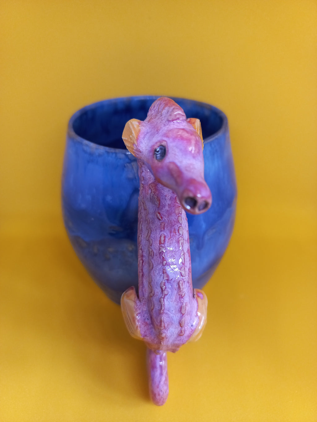 Handmade Ceramic Seahorse Mug – Sculptural Handle, Dark Blue Glaze