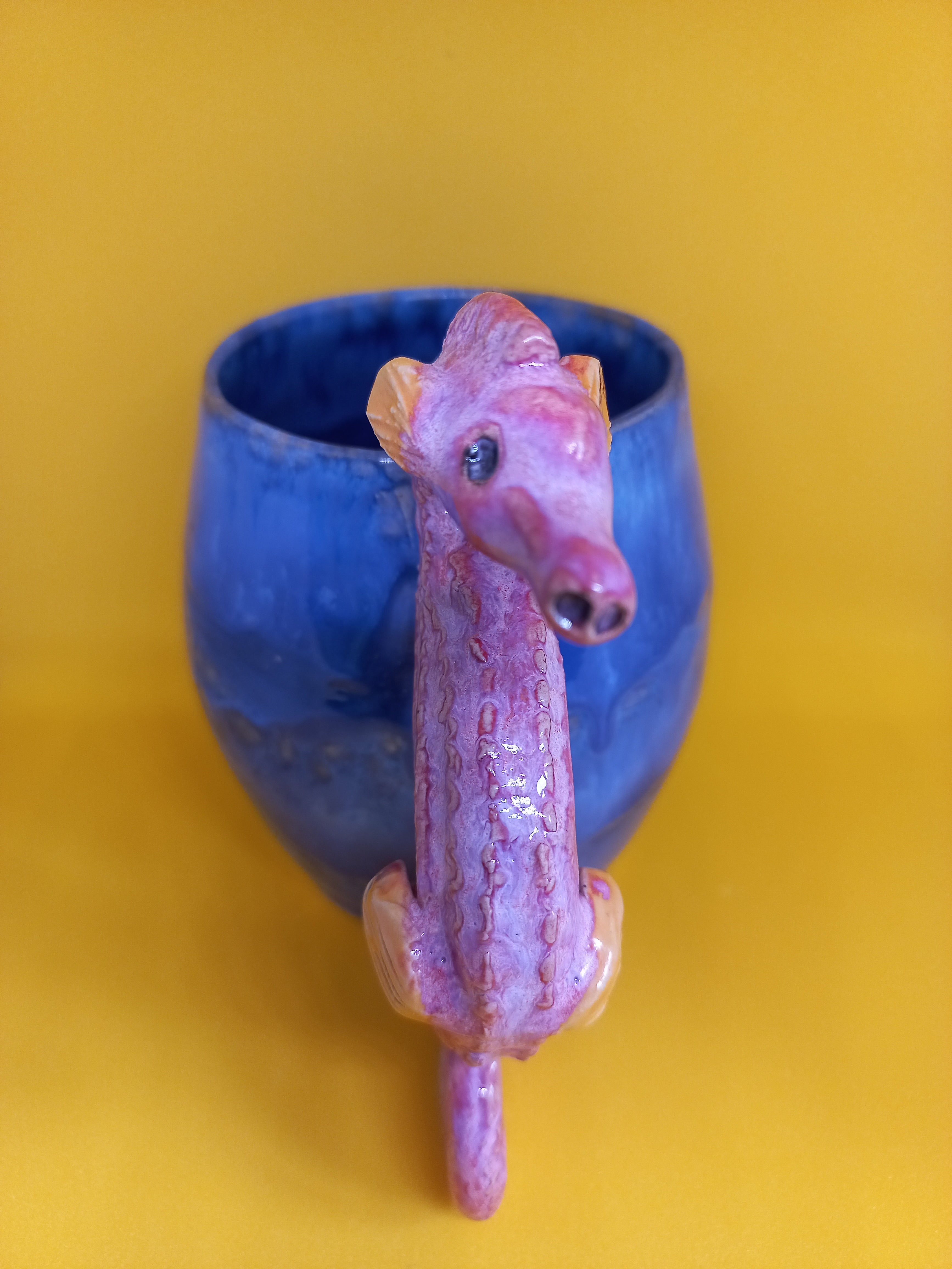 Handmade Ceramic Seahorse Mug – Sculptural Handle, Dark Blue Glaze