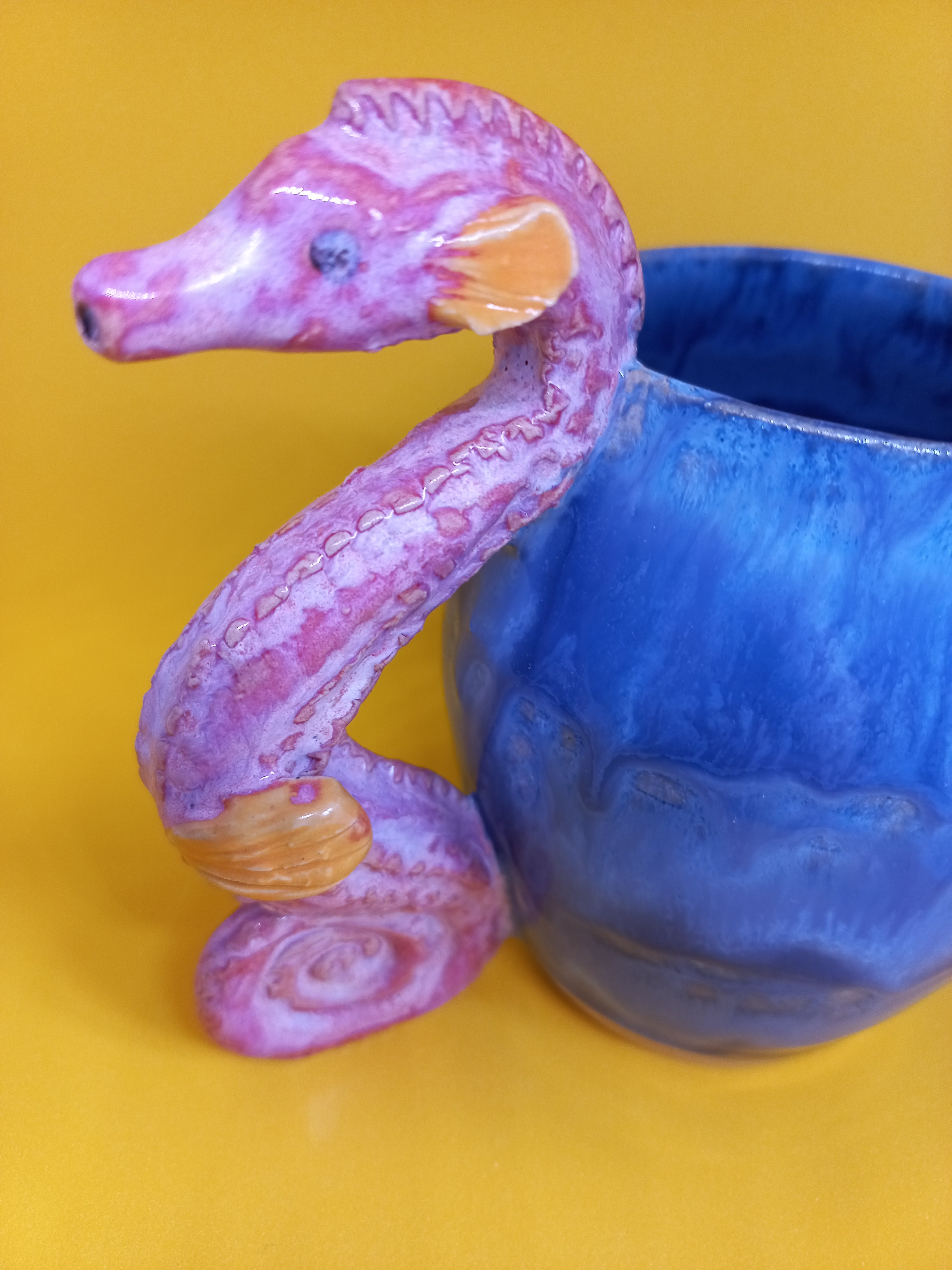 Handmade Ceramic Seahorse Mug – Sculptural Handle, Dark Blue Glaze