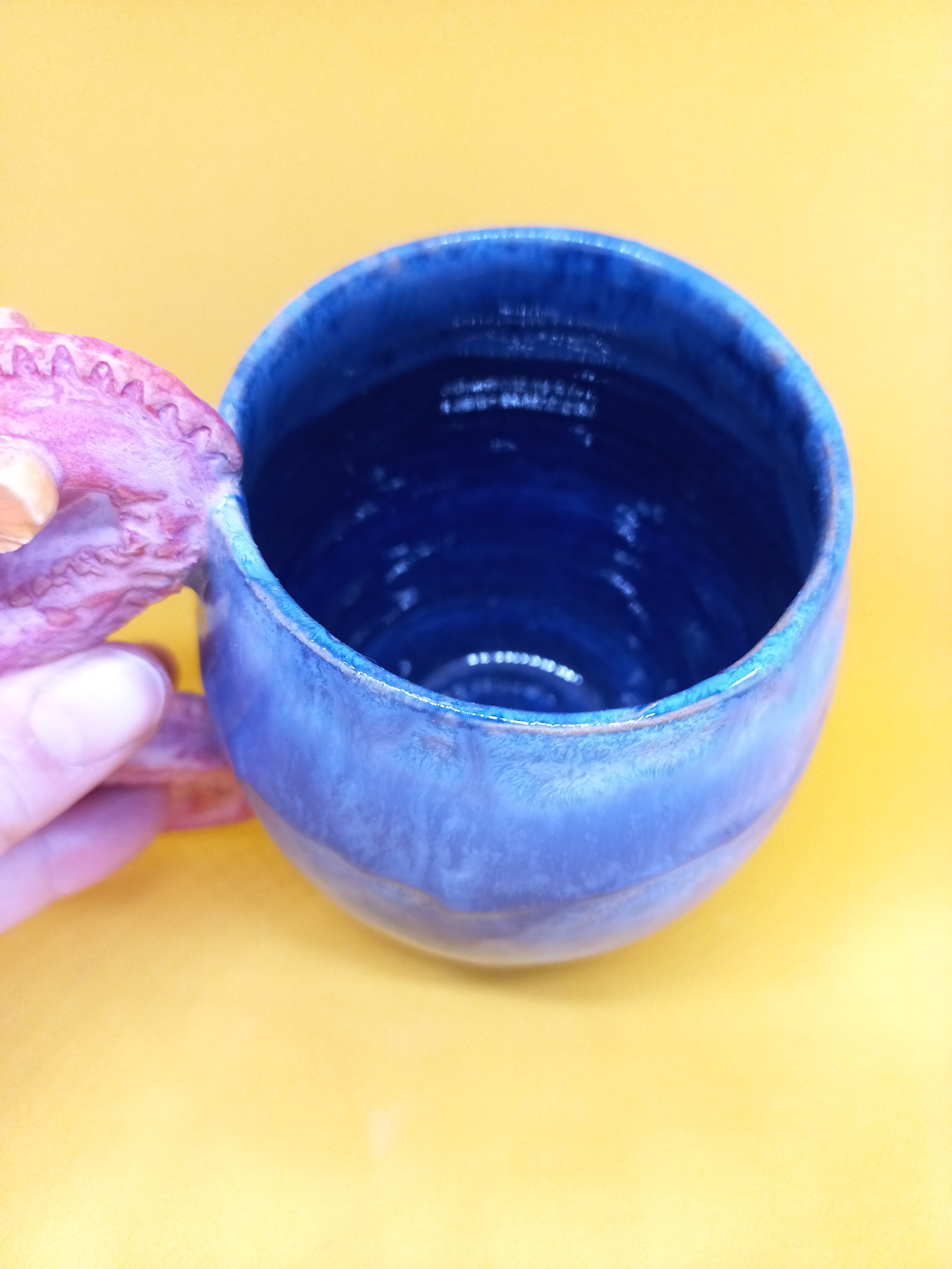 Handmade Ceramic Seahorse Mug – Sculptural Handle, Dark Blue Glaze