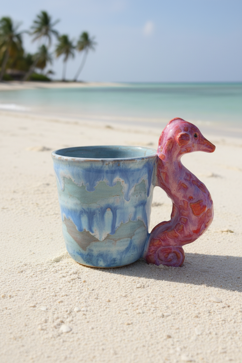 Handmade Ceramic Seahorse Mug – Sculptural Handle, Layered Glaze